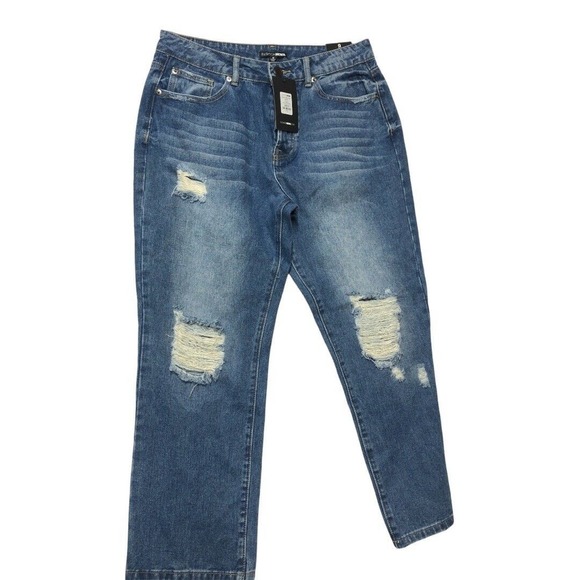 Fashion Nova Yaya Boyfriend Jeans, Medium Blue Wash High Rise DistresseSz 9 NWT - Picture 1 of 12